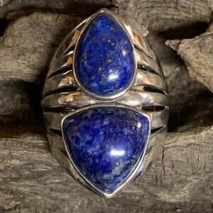 Sterling Silver and Lapis Lazuli Double Stone Ring Size 7 Wide Split Front